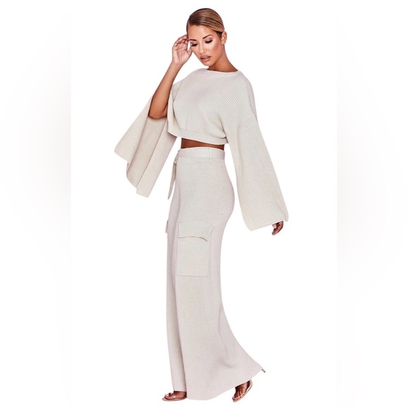 House of CB Pants - House of CB McKenzie Oatmeal Ribbed Knit Wide Leg Utility Trousers Size XS